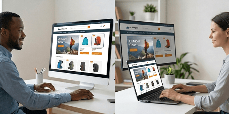 What-Is-Website-Accessibility-m Two people using the same shopping website, with one interface showing accessibility features to demonstrate different ways users interact with a website.