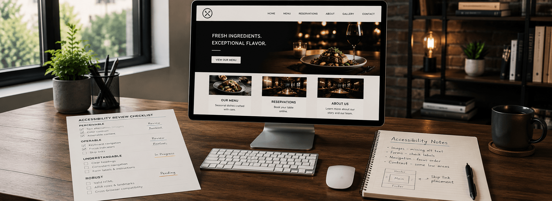 asseccibility-checklist-dt Example of a website accessibility review using a business website, review checklist, and notes to identify potential accessibility improvements.