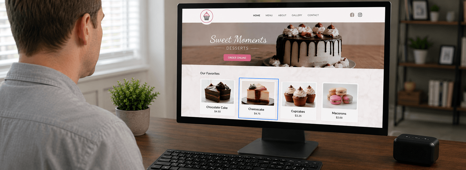 learn-more-dt Desktop computer displaying a bakery website while a highlighted page element is reviewed as part of a website accessibility evaluation.