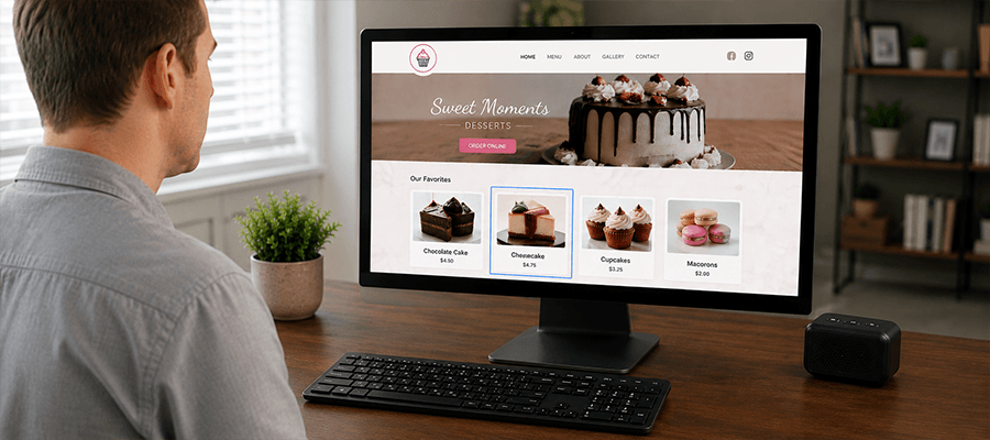 learn-more-m Desktop computer displaying a bakery website while a highlighted page element is reviewed as part of a website accessibility evaluation.