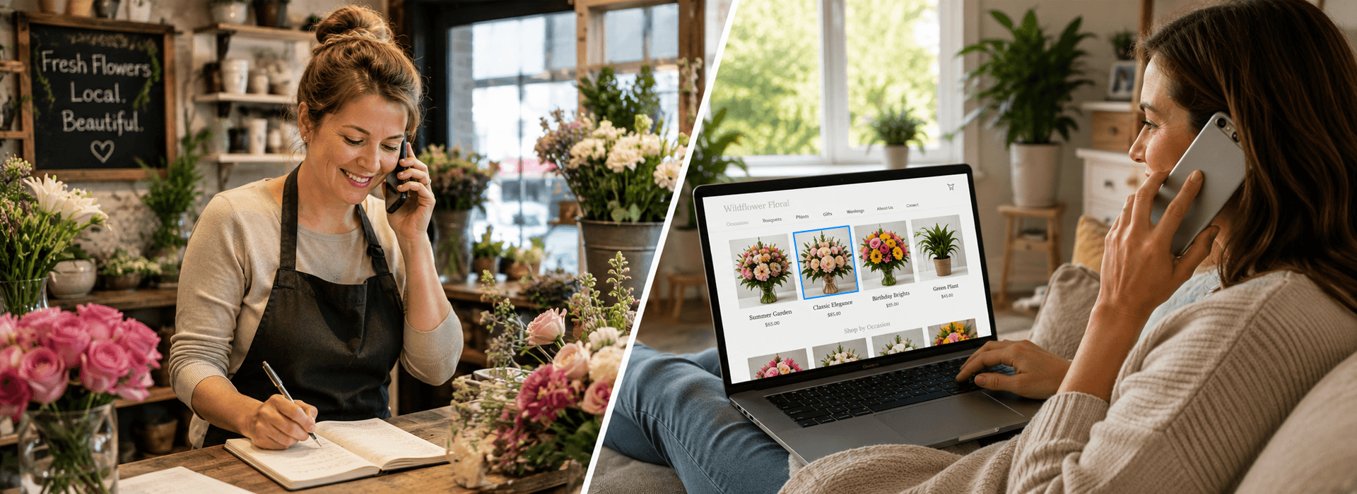 online order with screen reader dt Florist taking a customer's phone order while the customer browses the flower shop's website on a laptop, illustrating how an accessible website helps customers confidently do business online.