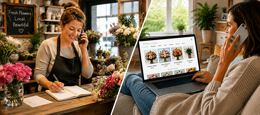 online ordering with screen reader m Florist taking a customer's phone order while the customer browses the flower shop's website on a laptop, illustrating how an accessible website helps customers confidently do business online.