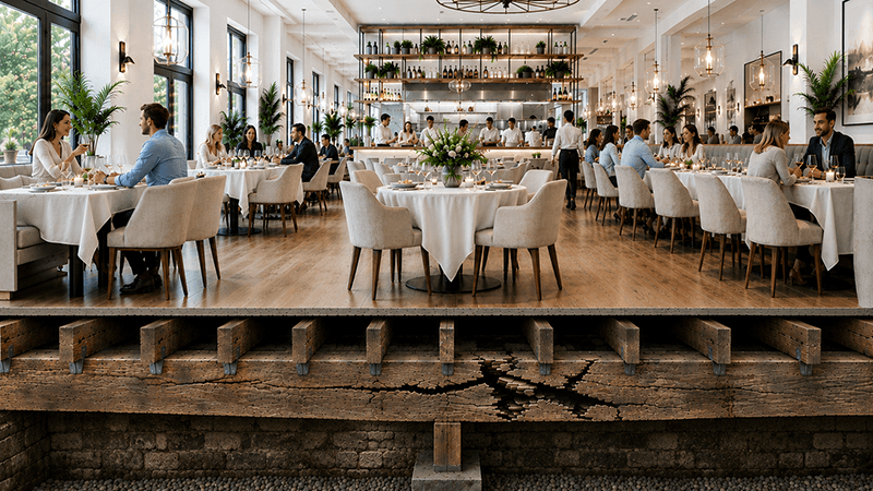 Photorealistic cutaway of a modern restaurant showing a hidden cracked support beam beneath the floor while the dining room above appears normal.