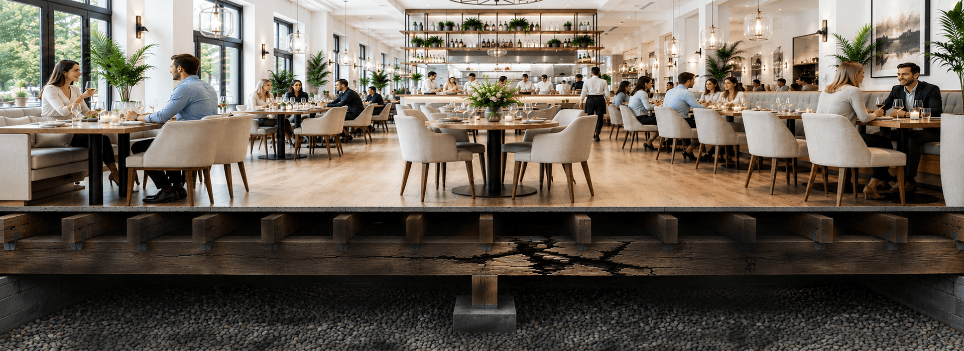 Photorealistic cutaway of a modern restaurant showing a hidden cracked support beam beneath the floor while the dining room above appears normal.